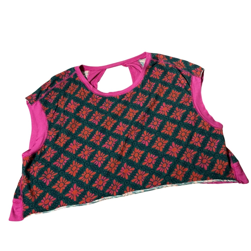 Natural Life Boho Floral Open Back Crop Top Women L Pink Green Geometric Cotton